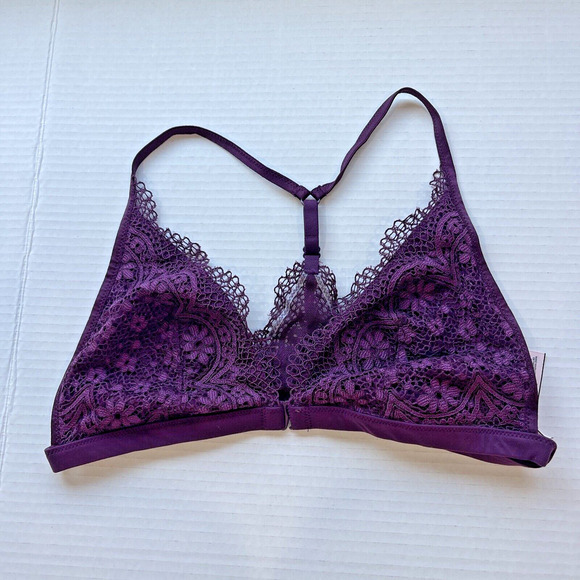 Victoria's Secret Lace Front Close No Wire T Back Bralette Bra Sz L Purple Goth - Picture 1 of 8